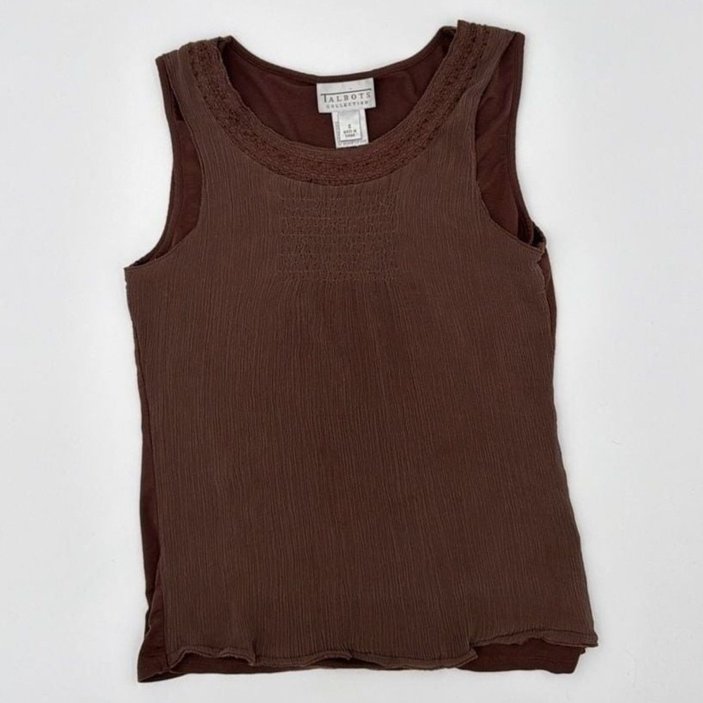 Talbots Brown Silk Overlay Sleeveless Top Crochet Smocked Scoop Neck S